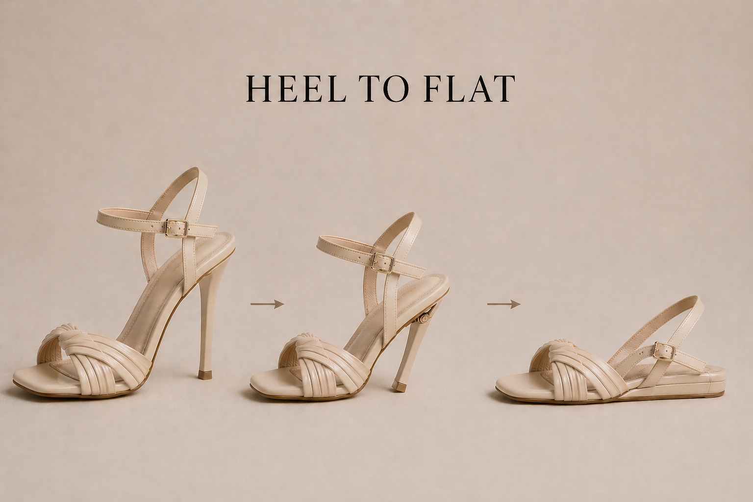 Three stages of the Morphstar sandal transforming from a high heel, to a mid-height heel, to a fully flat sandal